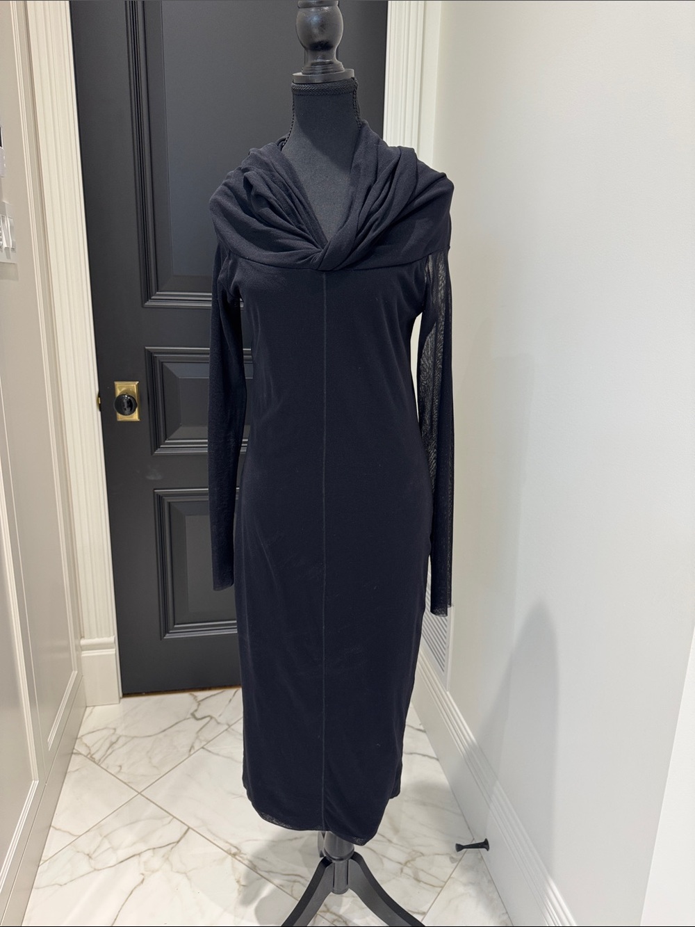 Sleek Black Long-Sleeve Cowl Neck Dress